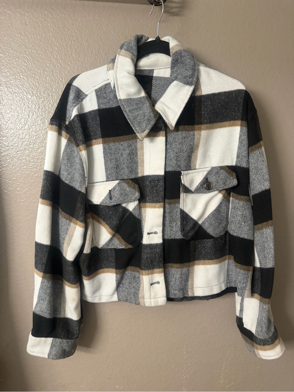 Love Tree Plaid Cropped Jacket - Black, White & Tan